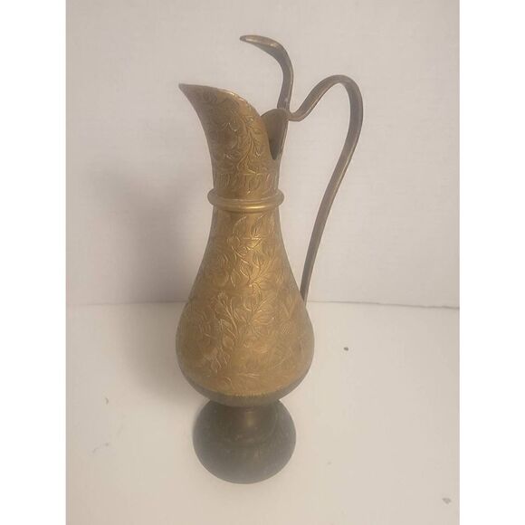 Vintage Middle Eastern Brass Etched Snake Handle Ewer Jug Pitcher - Picture 1 of 4